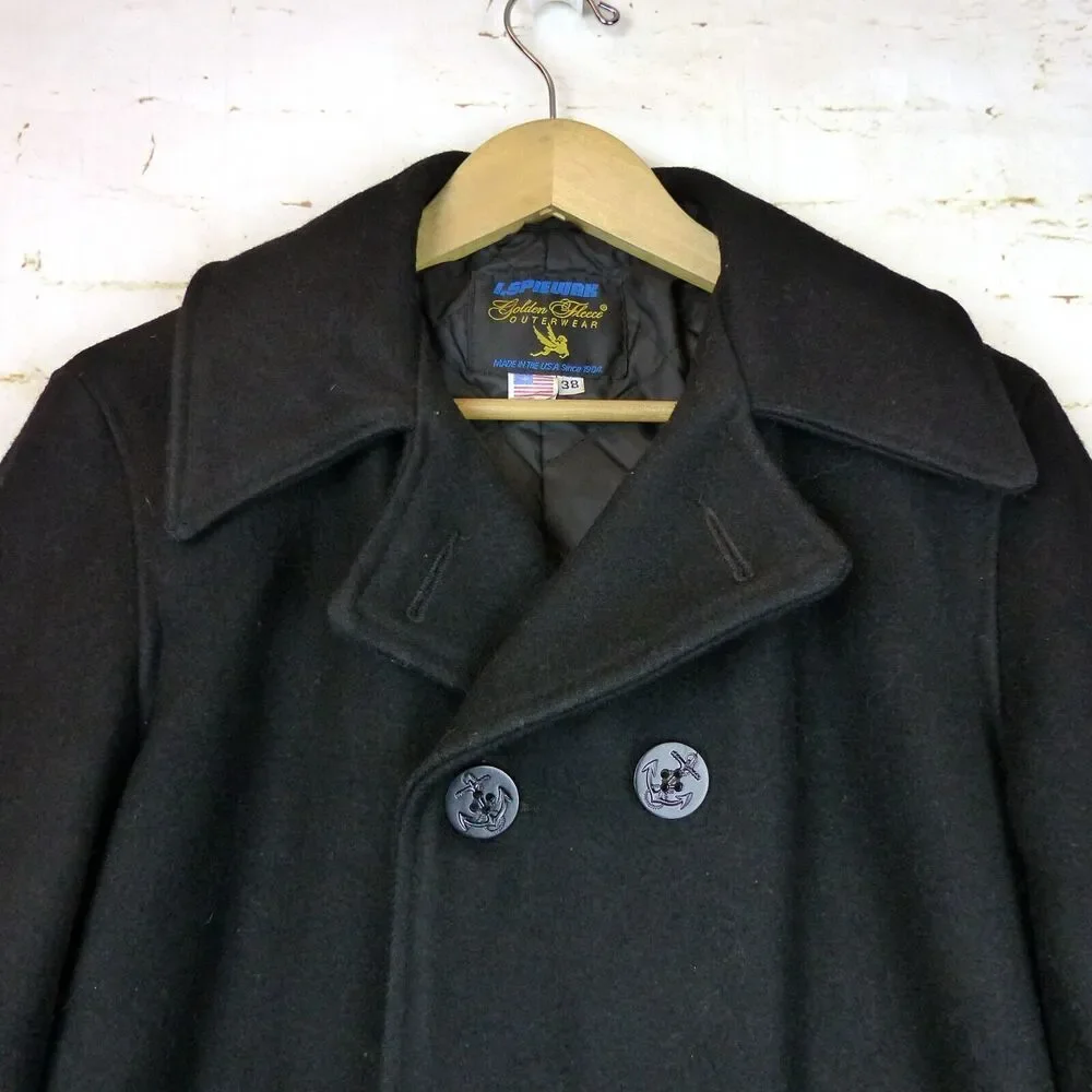 VTG I Spiewak Peacoat Mens 38 M Black Wool Naval Double Breasted Golden Fleece